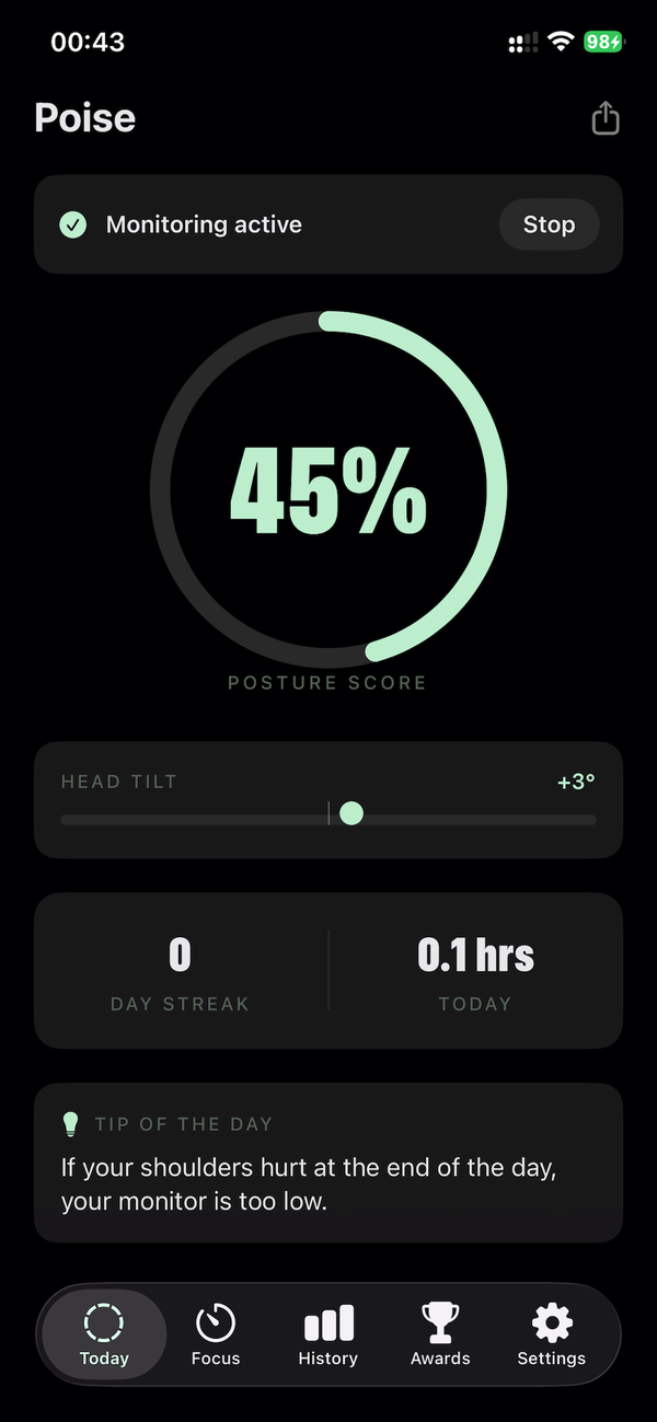 Poise app home screen showing today's posture score and a 7-day chart
